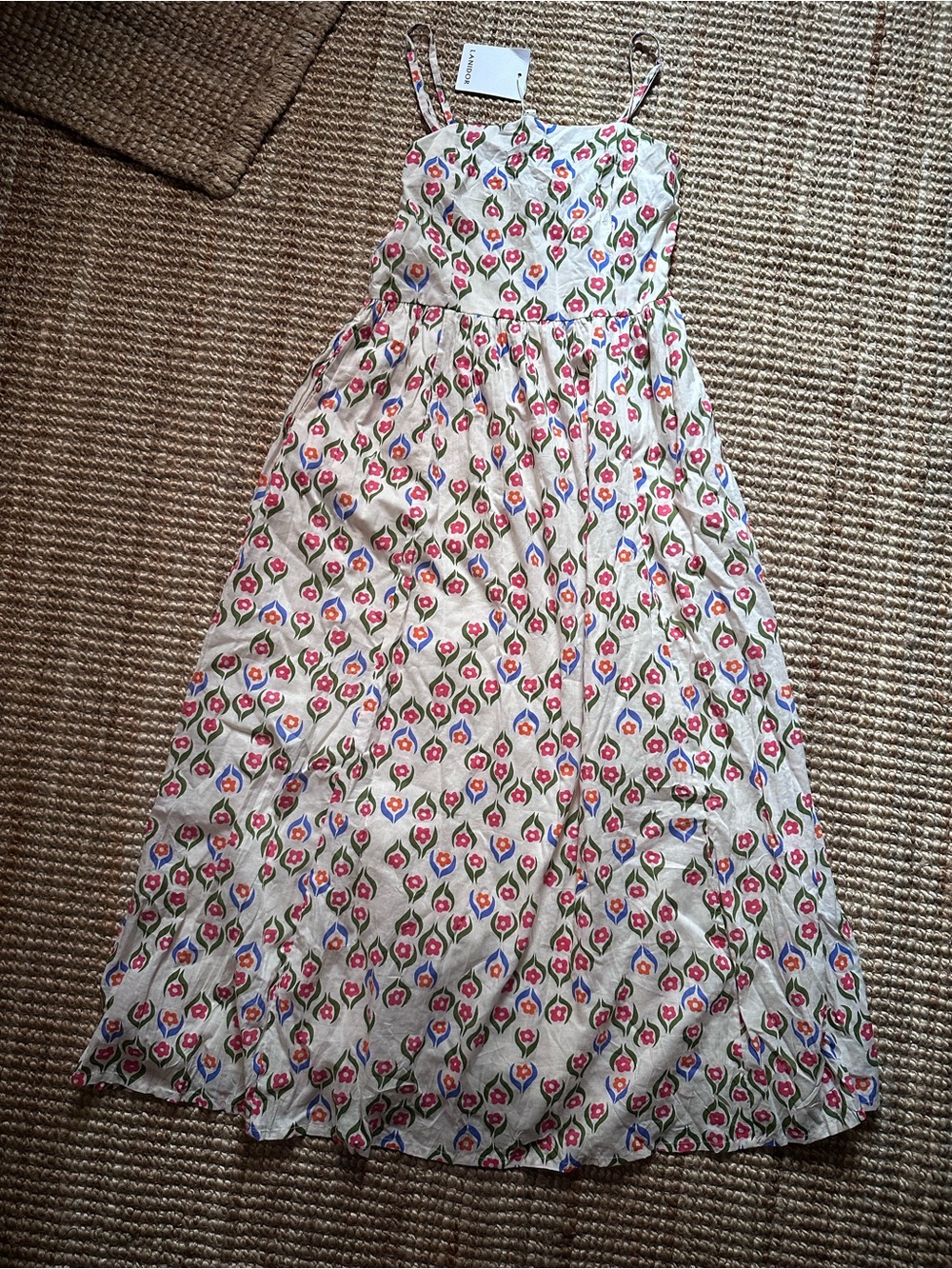 NWT Cream Floral Spaghetti-Strap Midi Dress with Pink & Blue Motif